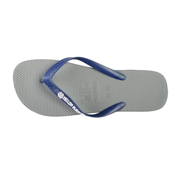 Philipp Plein Men\'s Gray/Navy Blue Rubber Logo Print Flip Flops Shoes
